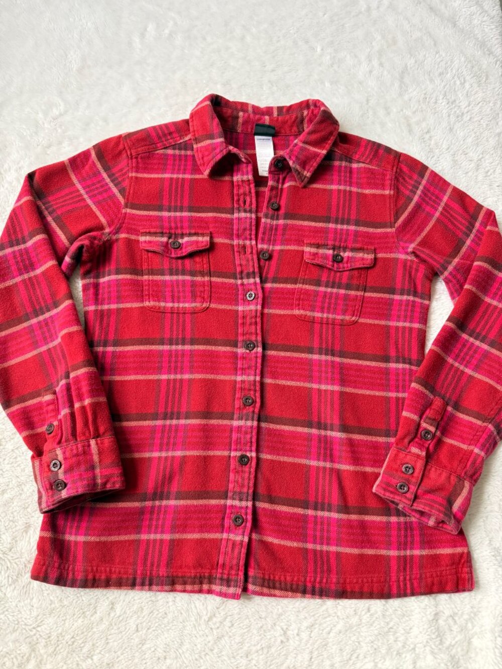 Patagonia Organic Cotton Plaid Flannel Shirt Women's 8 Red Pink Button Up - Picture 2 of 8